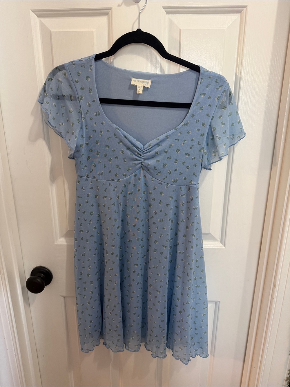 See You Monday Powder Blue Mini Dress with Green Floral Accent